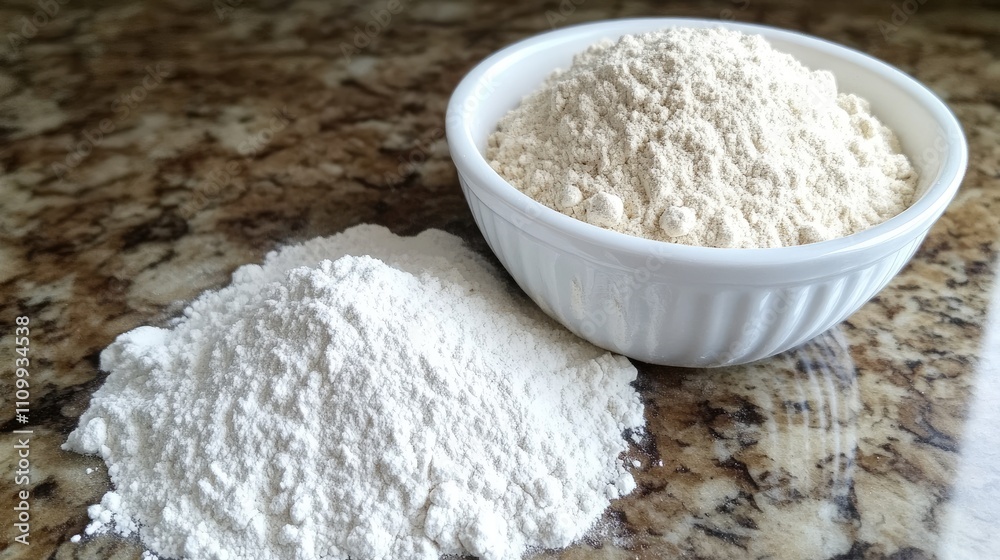 Powdered Flour in White Bowl and Pile on Granite Countertop Powdered Flour in White Bowl and Pile on Granite Countertop