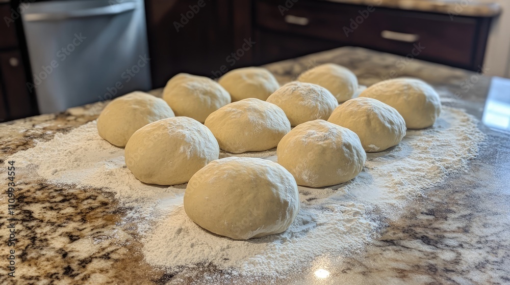 Freshly Kneaded Dough Balls on a Rustic Kitchen Counter