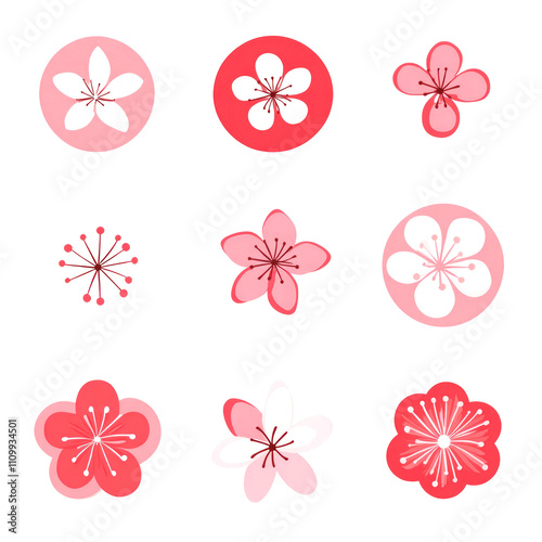 set of delicate cherry blossom and plum flower icons, soft pink and white tones