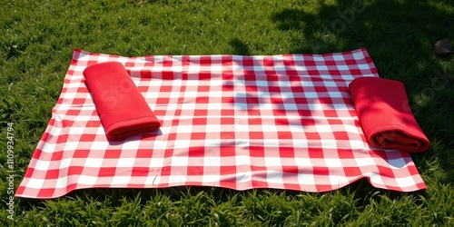 A red and white checkered picnic blanket laid out on green grass with two red towels on top of it. photo