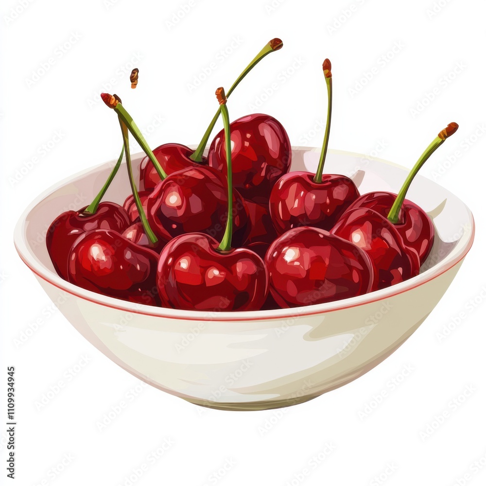 A bowl of ripe cherries with stems intact, isolated white background, cubism art style A bowl of ripe cherries with stems intact, isolated white background, cubism art style
