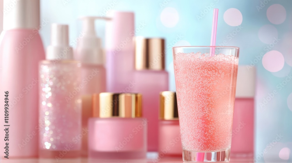 Pink Beauty Products Display with Refreshing Drink in Focus Pink Beauty Products Display with Refreshing Drink in Focus