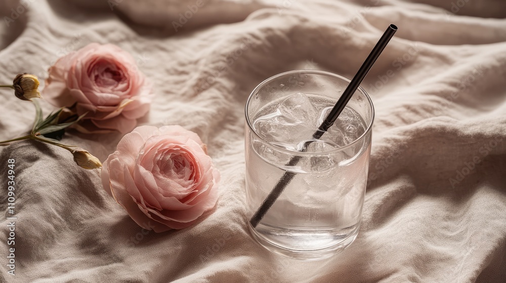 Refreshing Drink with Ice and Delicate Pink Roses on Soft Fabric Refreshing Drink with Ice and Delicate Pink Roses on Soft Fabric