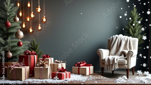 A cozy living room scene with a white chair, a Christmas tree, gift-wrapped presents, and snowflakes