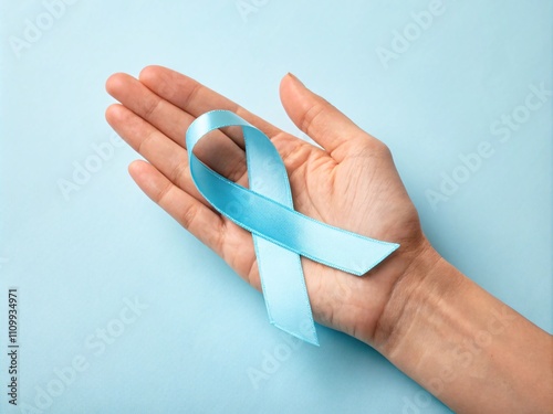 A female hand holds a blue awareness ribbon on a light blue background.