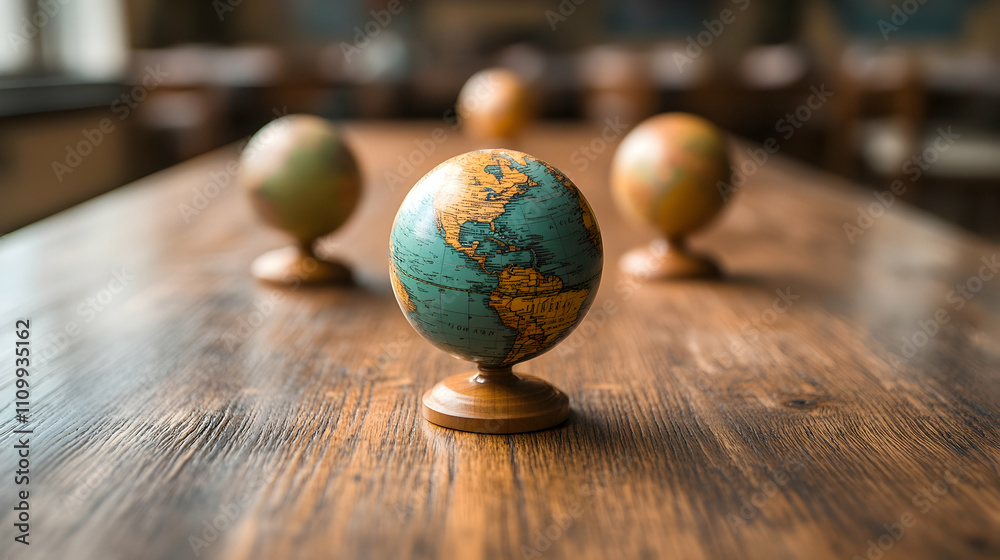 Exploring educational globes classroom educational tool warm environment close-up view learning concept Exploring educational globes classroom educational tool warm environment close-up view learning concept