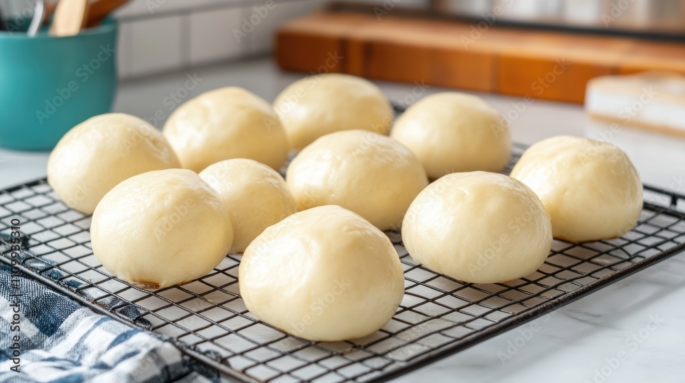 Freshly Steamed Buns on Cooling Rack in Modern Kitchen Setting Freshly Steamed Buns on Cooling Rack in Modern Kitchen Setting