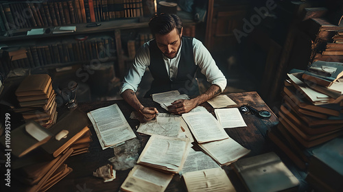 Intense research session vintage library scholar at work cozy environment overhead view knowledge discovery