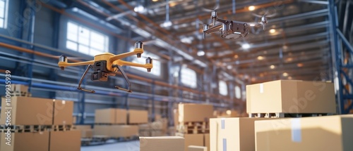 A bustling industrial logistics center with automated warehouses and delivery drones optimizing global supply chain operations, Logistics center scene, Supply chain efficiency style photo