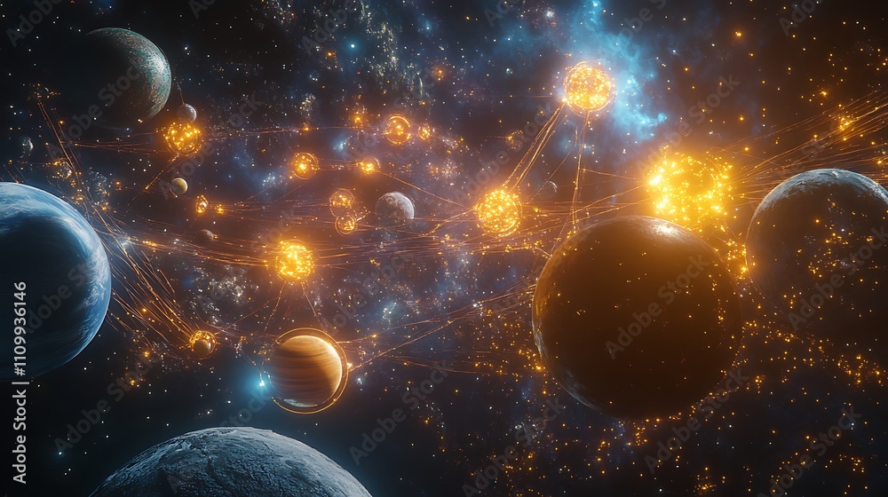 Obraz premium Cosmic explosion, planets collide, energy flows.