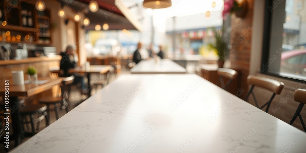 An empty marble table in a cafe with blurred background of people sitting, wooden tables, chairs, and brick walls An empty marble table in a cafe with blurred background of people sitting, wooden tables, chairs, and brick walls