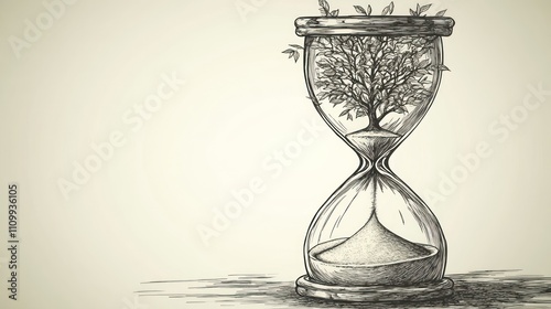 An hourglass with a tree growing inside symbolizes the passage of time and nature's resilience. photo