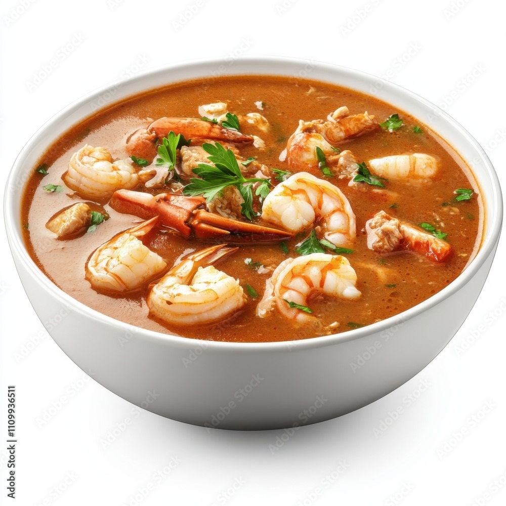 A bowl of spicy seafood gumbo with shrimp and crab, isolated white background, hyperrealism art style A bowl of spicy seafood gumbo with shrimp and crab, isolated white background, hyperrealism art style