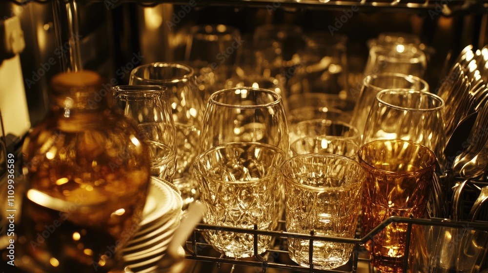 Sparkling Glassware and Elegant Tableware in a Modern Dishwasher Sparkling Glassware and Elegant Tableware in a Modern Dishwasher