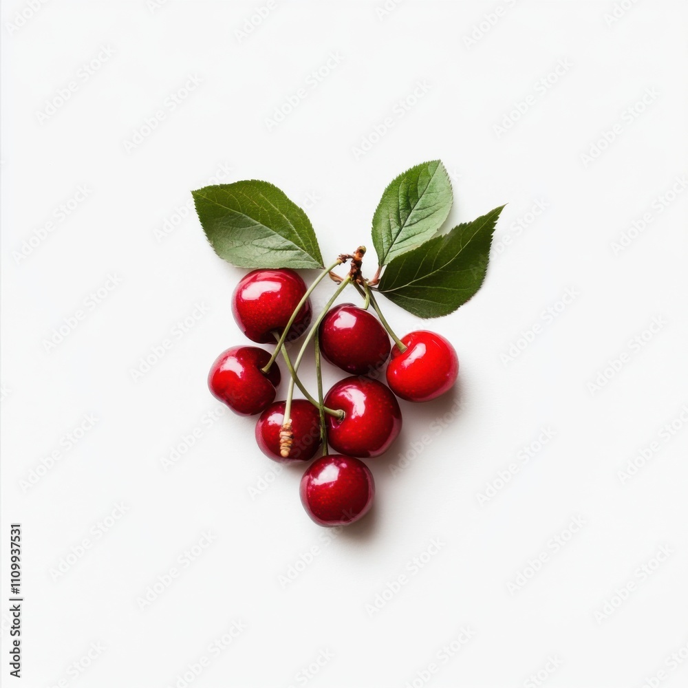 A bunch of ripe cherries with stems and leaves, isolated white background, minimalism art style A bunch of ripe cherries with stems and leaves, isolated white background, minimalism art style