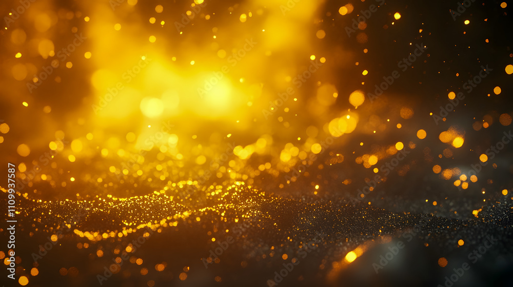 Glowing Golden Particles on Dark Background with Soft Bokeh Effect and Sparkling Light Reflections for Artistic and Abstract Designs Glowing Golden Particles on Dark Background with Soft Bokeh Effect and Sparkling Light Reflections for Artistic and Abstract Designs