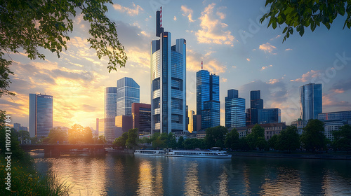 Sunset over frankfurt skyline urban landscape cityscape photography riverfront view aesthetic architecture for seo