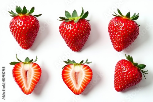 A set of red strawberries with white seeds on a white background