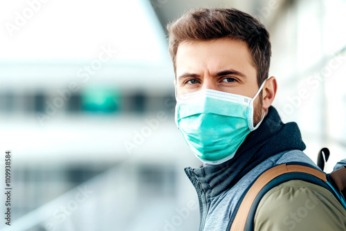 A young man wearing a medical mask stands indoors, looking directly at the camera, highlighting safety and awareness amid health concerns. photo