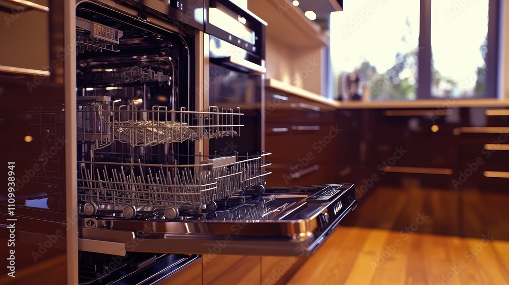 Fototapeta premium Modern Kitchen with Open Dishwasher and Sleek Cabinet Design