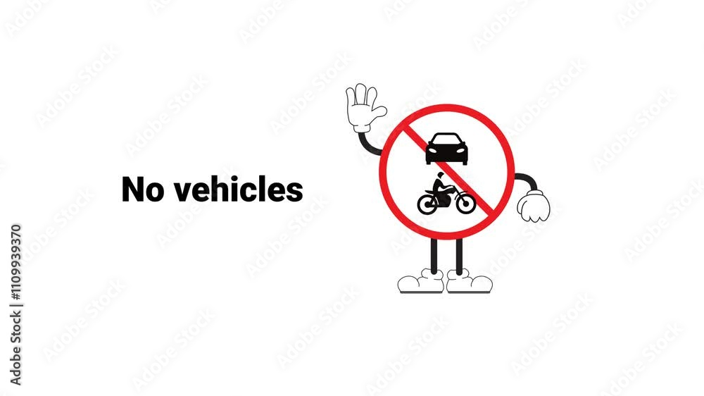 Animated no vehicles sign with cartoon characters, perfect for educational materials, traffic safety campaigns, or children's learning content. Fun design to teach road signs and safe driving. Animated no vehicles sign with cartoon characters, perfect for educational materials, traffic safety campaigns, or children's learning content. Fun design to teach road signs and safe driving.