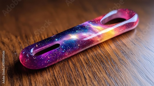 Vibrant Cosmic Design on a Colorful Hair Accessory on Wooden Surface photo