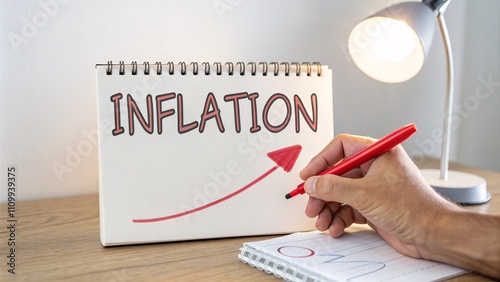 Hand of a person writing 'INFLATION' with an arrow rising on a notebook.