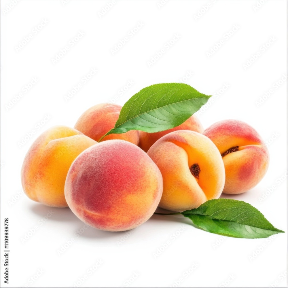 A bunch of ripe peaches with leaves, isolated white background, minimalism art style A bunch of ripe peaches with leaves, isolated white background, minimalism art style