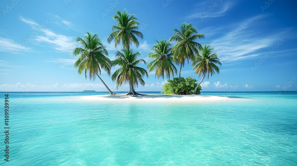 Tranquil Tropical Paradise with Palm Trees and Crystal Clear Water on a Private Island in the Middle of the Ocean Under a Bright Blue Sky Tranquil Tropical Paradise with Palm Trees and Crystal Clear Water on a Private Island in the Middle of the Ocean Under a Bright Blue Sky