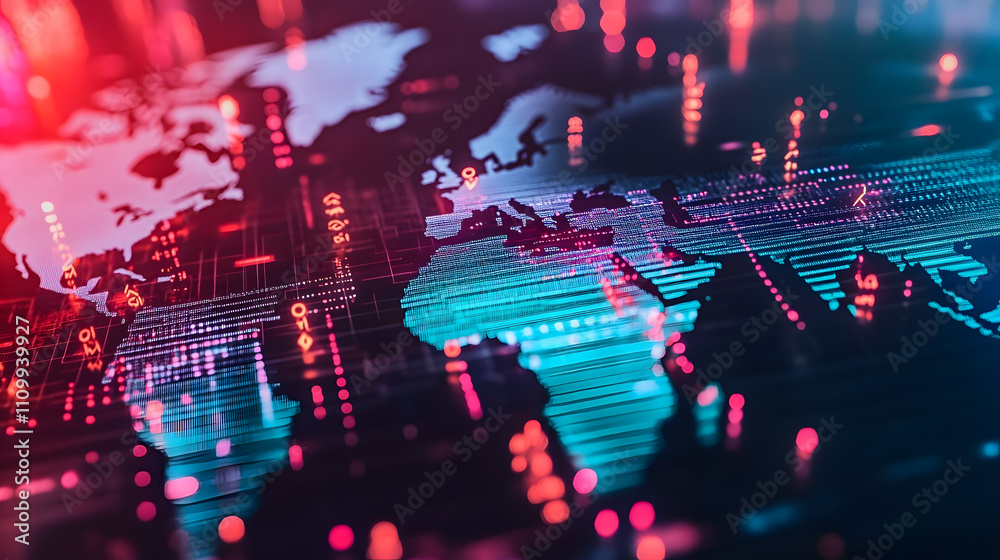 Abstract digital world map with data visualization, glowing lines, and bright colorful dots representing global technology and connectivity themes Abstract digital world map with data visualization, glowing lines, and bright colorful dots representing global technology and connectivity themes