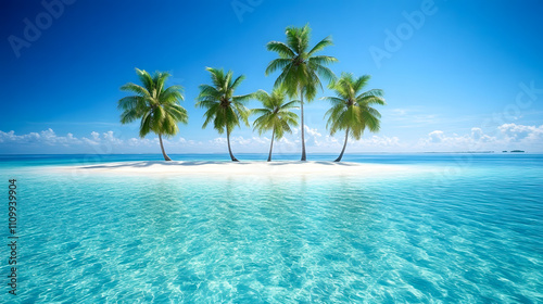 Tranquil Tropical Paradise with Crystal Clear Water and Lush Palm Trees on a Serene Beach Island Under Bright Blue Sky