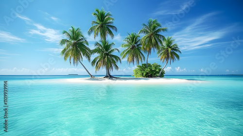 Tranquil Tropical Paradise with Palm Trees and Crystal Clear Water on a Private Island in the Middle of the Ocean Under a Bright Blue Sky