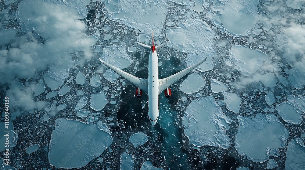 Fototapeta premium Airplane Flying Over Pristine Polar Landscape Symbolizing and Adventure