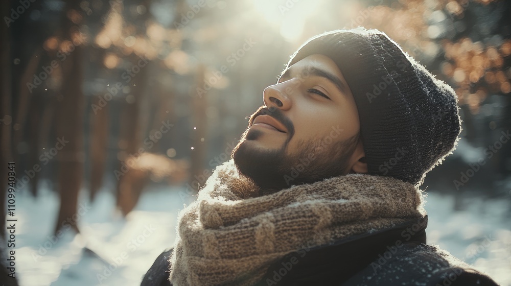 Peaceful Man Enjoying Nature in Winter Light