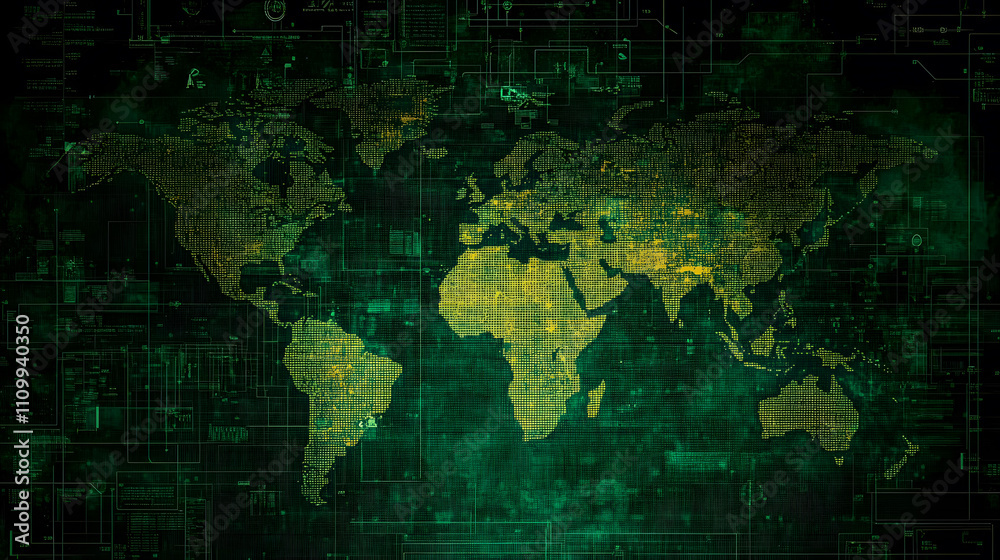 Abstract digital world map in shades of green with glowing lights and circuit pattern background representing technology and connectivity across continents Abstract digital world map in shades of green with glowing lights and circuit pattern background representing technology and connectivity across continents