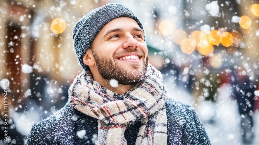 Smiling man enjoying snowfall in winter scenery