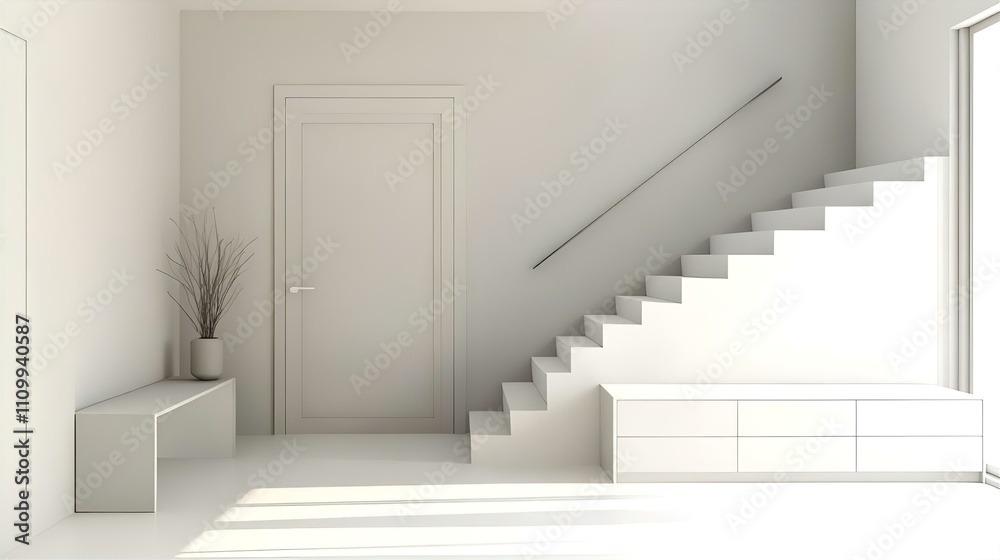 Minimalist White Hallway with Modern Staircase and Built-in Storage Minimalist White Hallway with Modern Staircase and Built-in Storage
