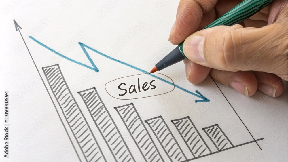 Close-up of a hand drawing a sales graph with a pen, illustrating business performance. Close-up of a hand drawing a sales graph with a pen, illustrating business performance.
