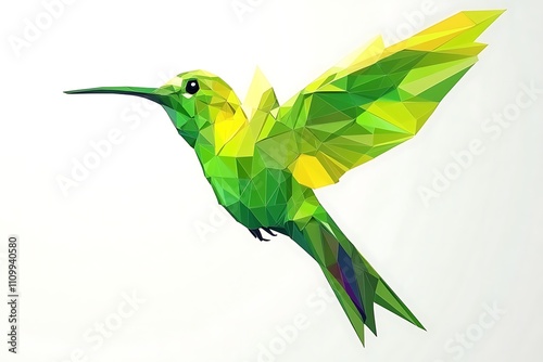 A colorful, geometric representation of a hummingbird in vibrant green hues. photo