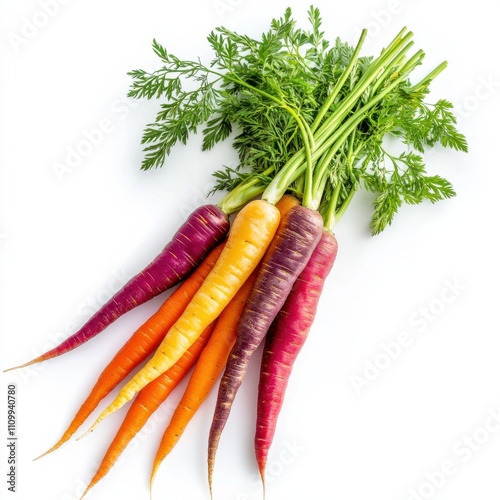 A bundle of vibrant rainbow carrots with tops, isolated white background, abstract art style