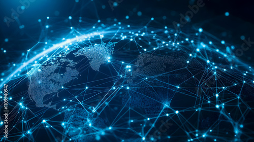 Abstract global network digital connection with glowing nodes and lines illustrating internet communication and technology innovation in blue colors