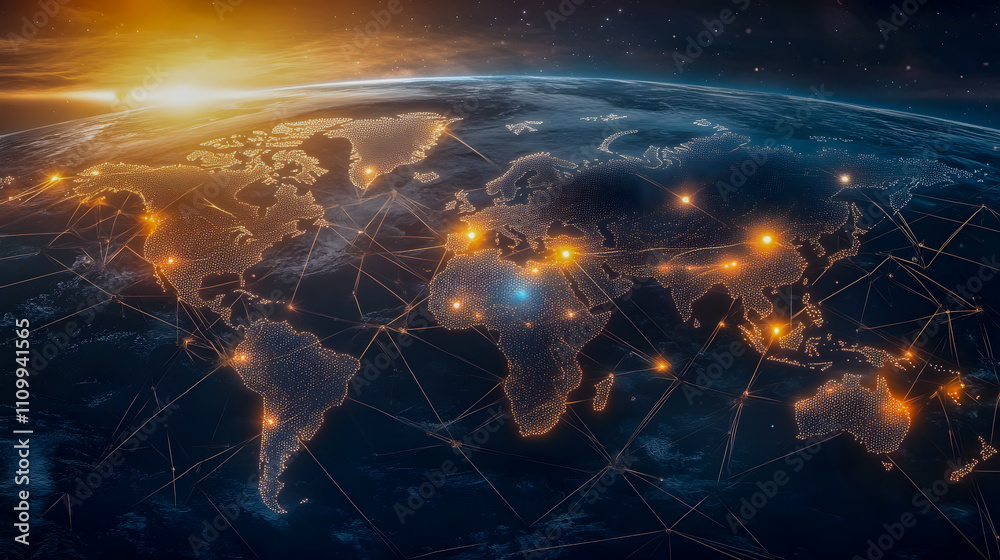 Digital Global Network Concept with Illuminated Connections and Earth View at Sunset Showing Technology and Communication in Modern World Digital Global Network Concept with Illuminated Connections and Earth View at Sunset Showing Technology and Communication in Modern World
