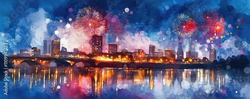 New year celebration festivity concept. Dramatic city skyline, fireworks and festive lights reflecting on a river, Watercolor style