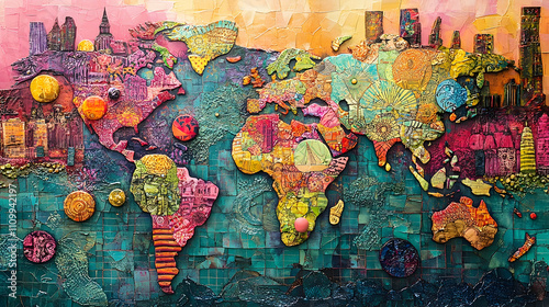 Colorful world map art display global culture decorative wall art vibrant design unique texture artistic viewpoint
