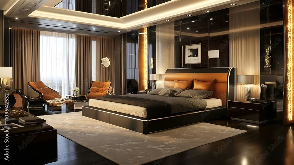 Fototapeta premium Luxurious Modern Bedroom Interior Design: Opulent Amber and Dark Wood Accents, Elegant Furniture, and Soft Lighting