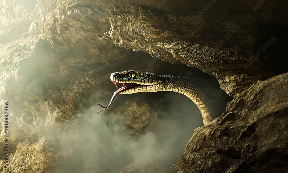 Serpent Emerging from Cave with Faint Light and Mystical Atmosphere