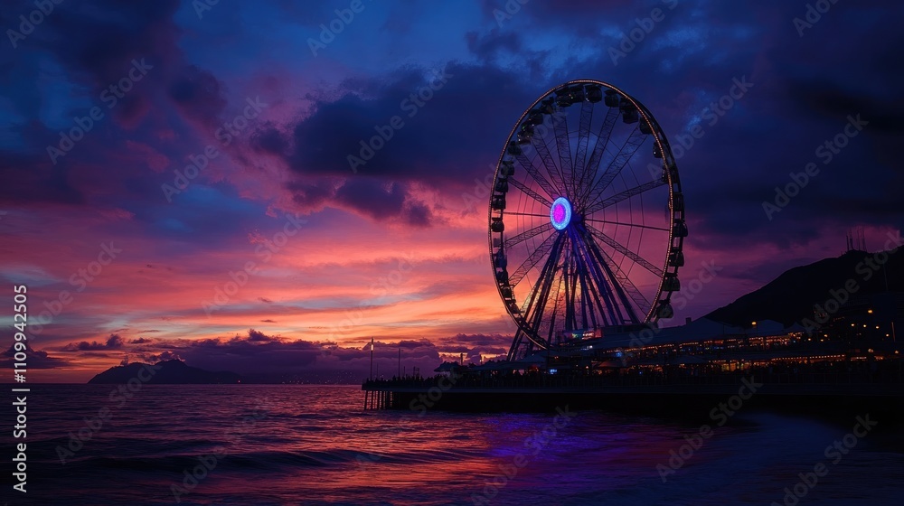 Vibrant Sunset with Ferris Wheel at Seaside Vibrant Sunset with Ferris Wheel at Seaside