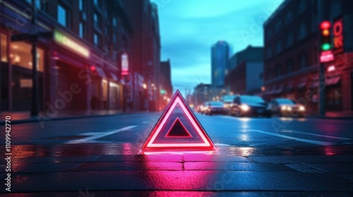 Neon Triangle on Wet City Street