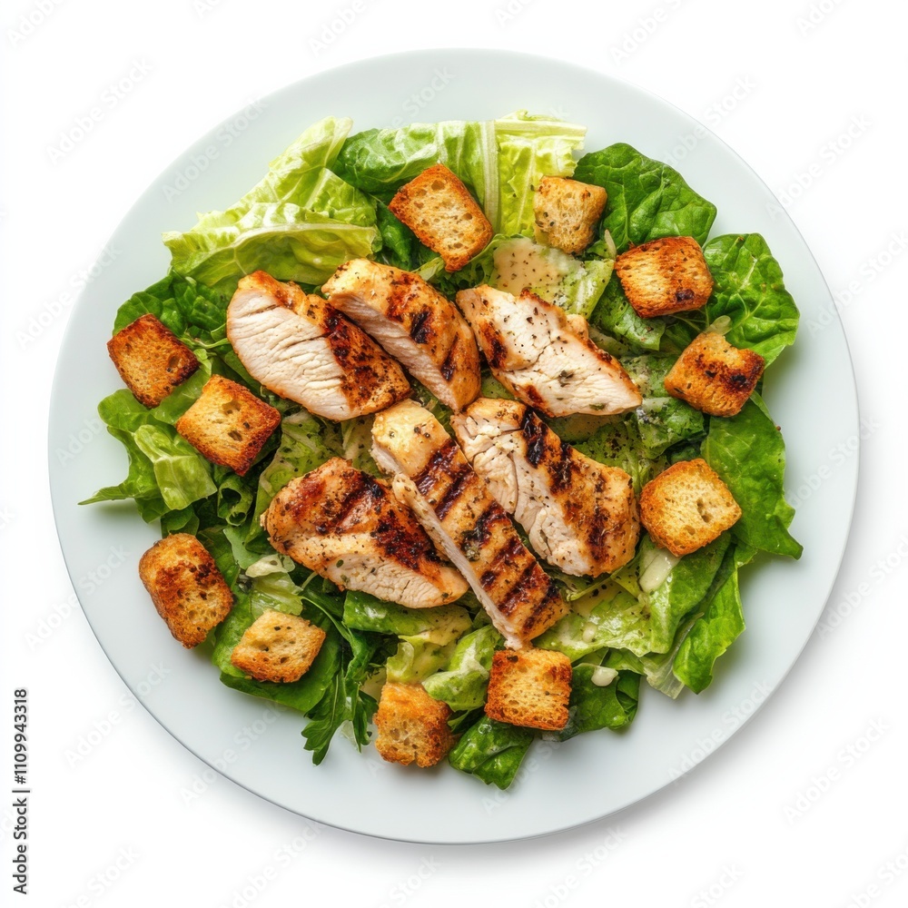 A classic Caesar salad with grilled chicken and crispy croutons, isolated white background, cubism art style A classic Caesar salad with grilled chicken and crispy croutons, isolated white background, cubism art style