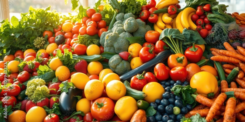 A vibrant and colorful display of fresh fruits and vegetables, showcasing the bounty of nature's harvest A vibrant and colorful display of fresh fruits and vegetables, showcasing the bounty of nature's harvest